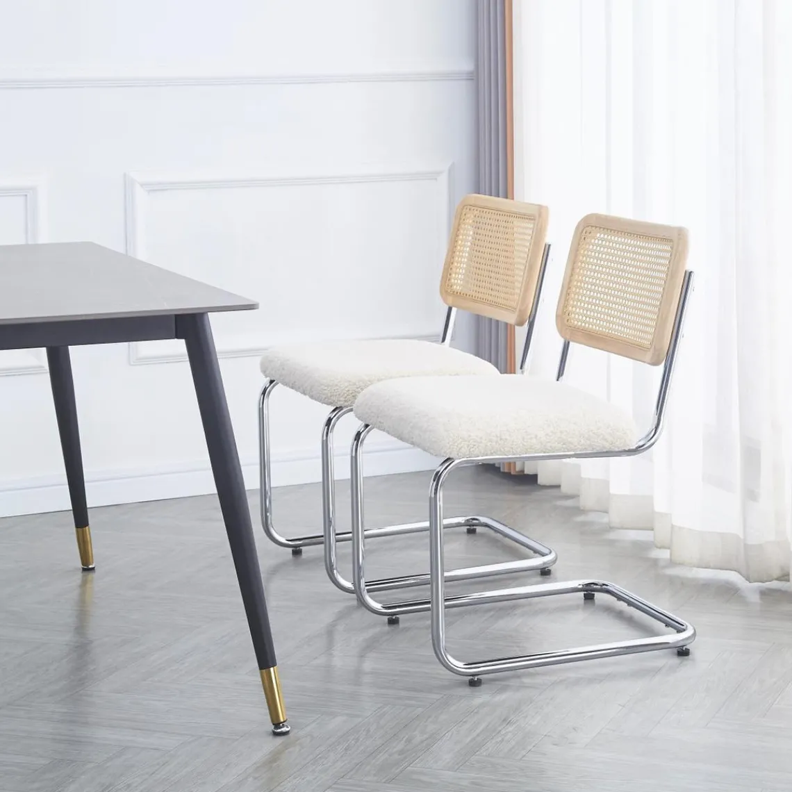 3S. x Home Nordlys - Lot de 2 Chaises de Salle a Manger Industrielles Metal Cannage Rotin New