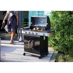 Cook'In Garden Pack Barbecue gaz Américain FIDGI 4 brûleurs avec Housse et Coffret 3 pièces aimantés : pince, spatule, fourchette Sale