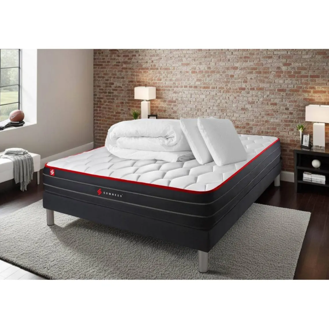 Somness Pack matelas BOOST sommier noir Couette 2 oreillers Discount
