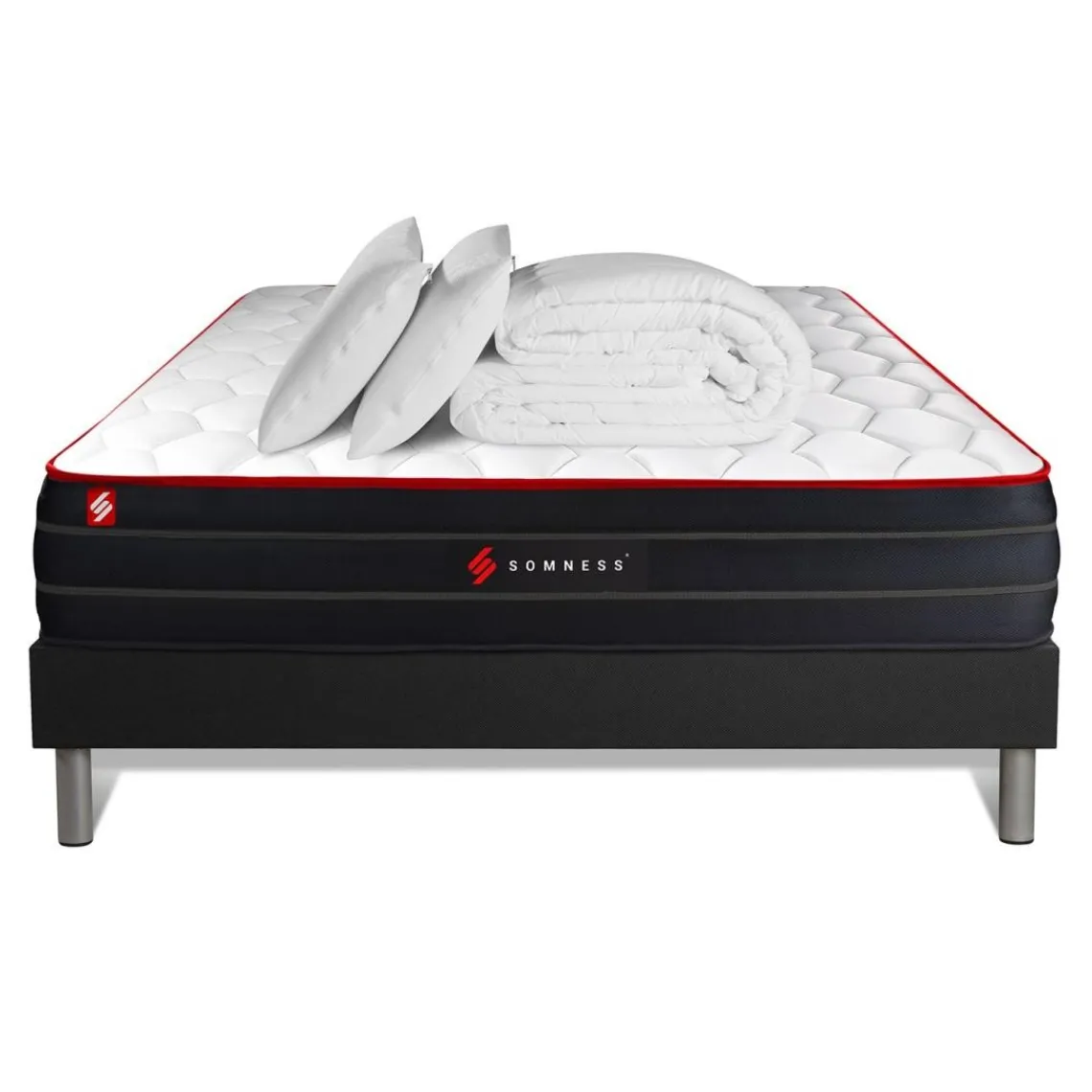 Somness Pack matelas BOOST sommier noir Couette 2 oreillers Discount