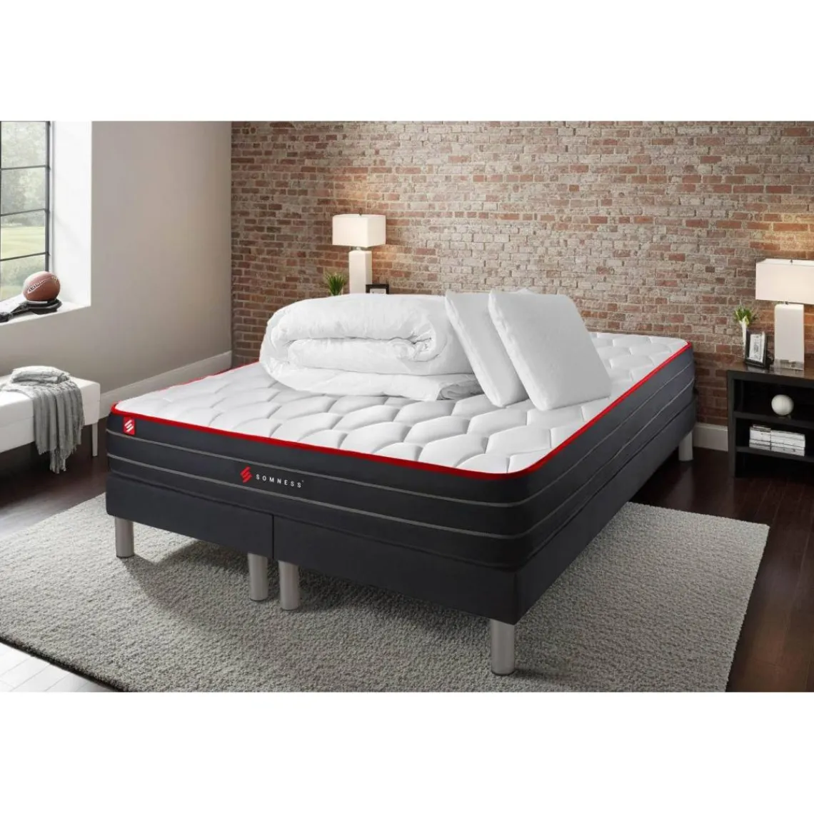 Somness Pack matelas double sommiers noir Couette et 2 oreillers Best
