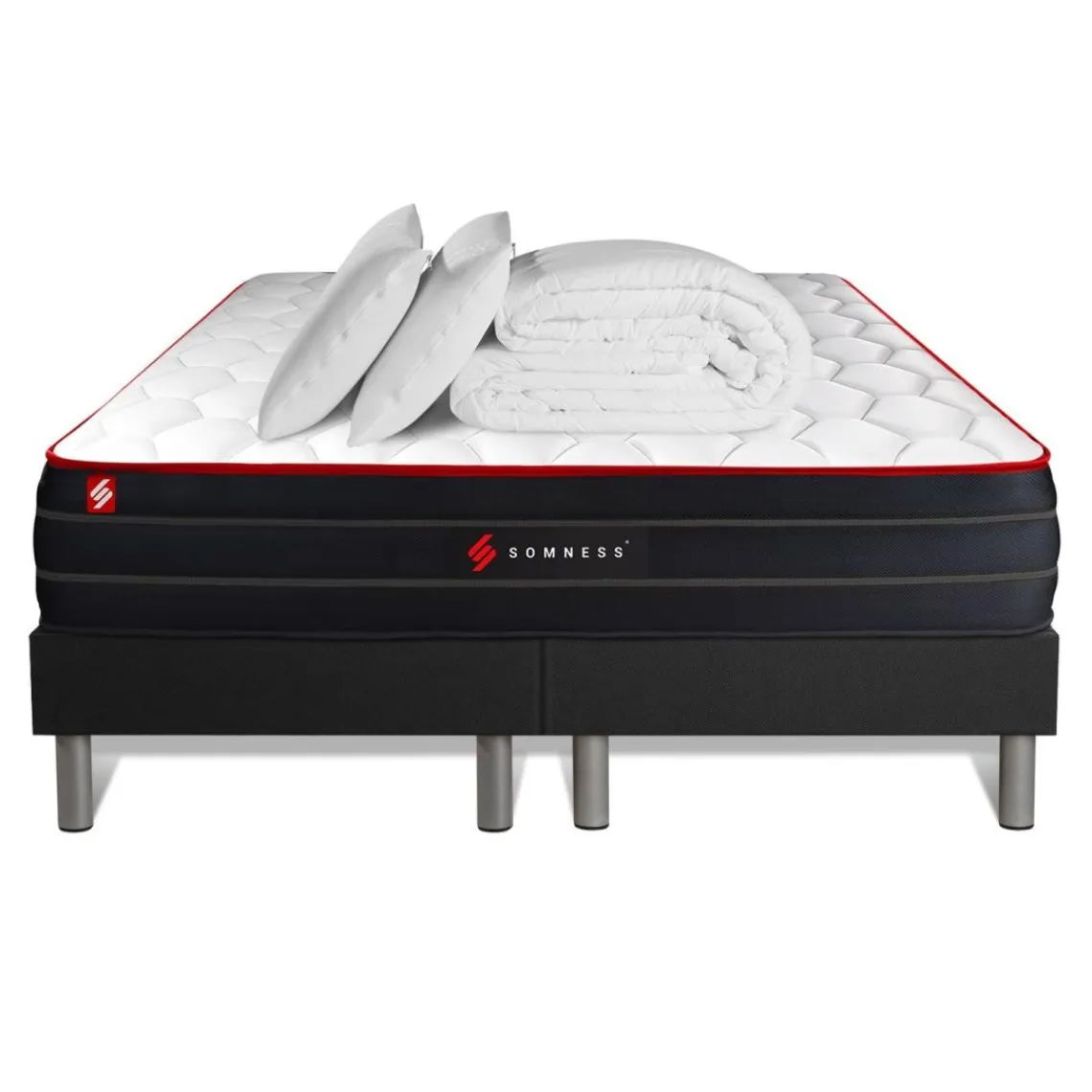 Somness Pack matelas double sommiers noir Couette et 2 oreillers Best