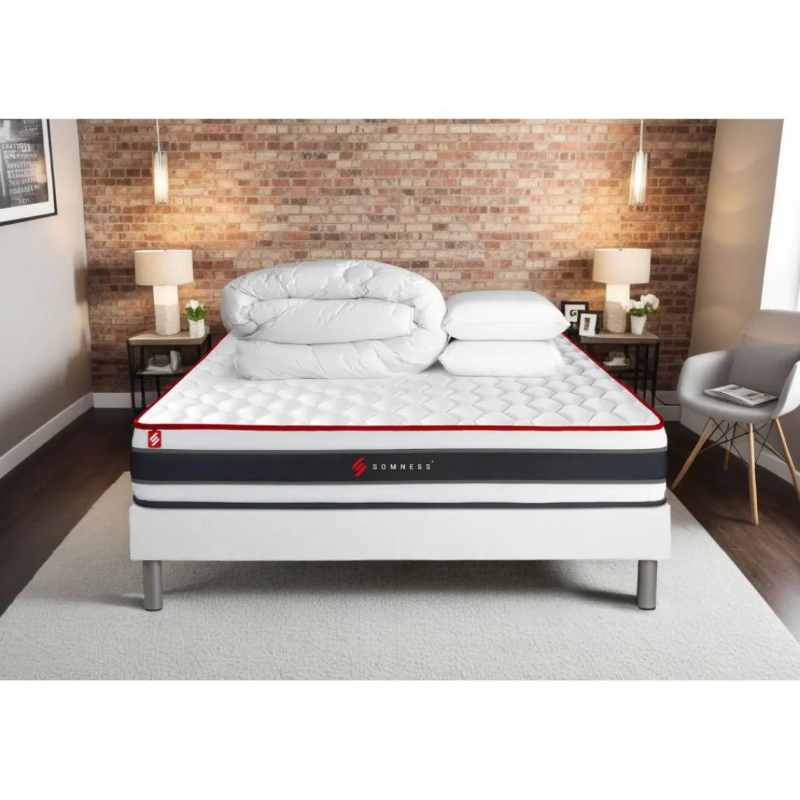 Somness Pack matelas ENERGY double sommiers blanc Couette 2 oreillers Best