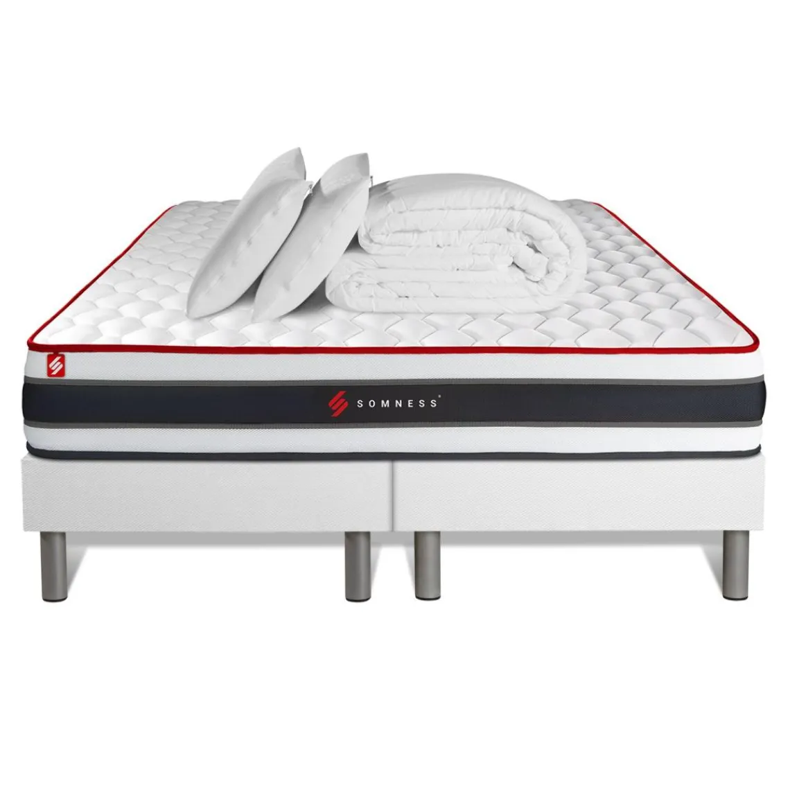 Somness Pack matelas ENERGY double sommiers blanc Couette 2 oreillers Best