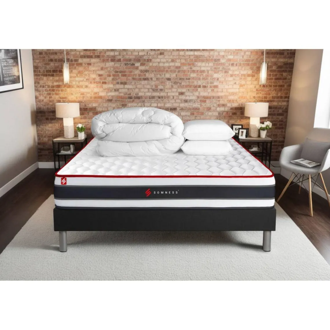 Somness Pack matelas ENERGY sommier noir Couette 2 oreillers New