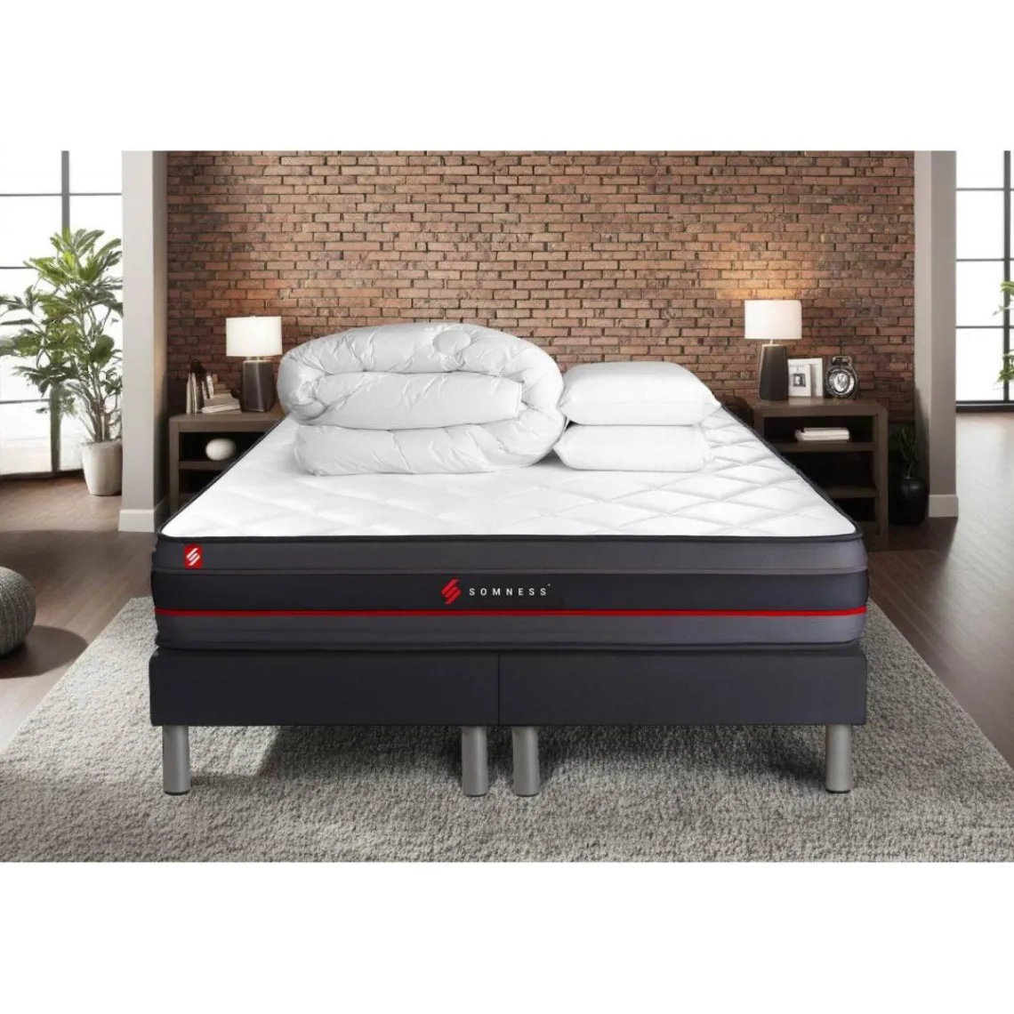 Somness Pack matelas REGEN double sommiers noir Couette 2 oreillers Best