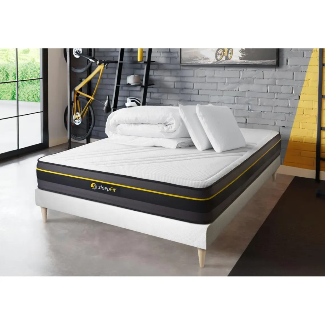 Sleepfit Pack prêt a dormir matelas ACTIVE sommier kit blanc 2 oreillers memoire de forme et Couette Percale Best