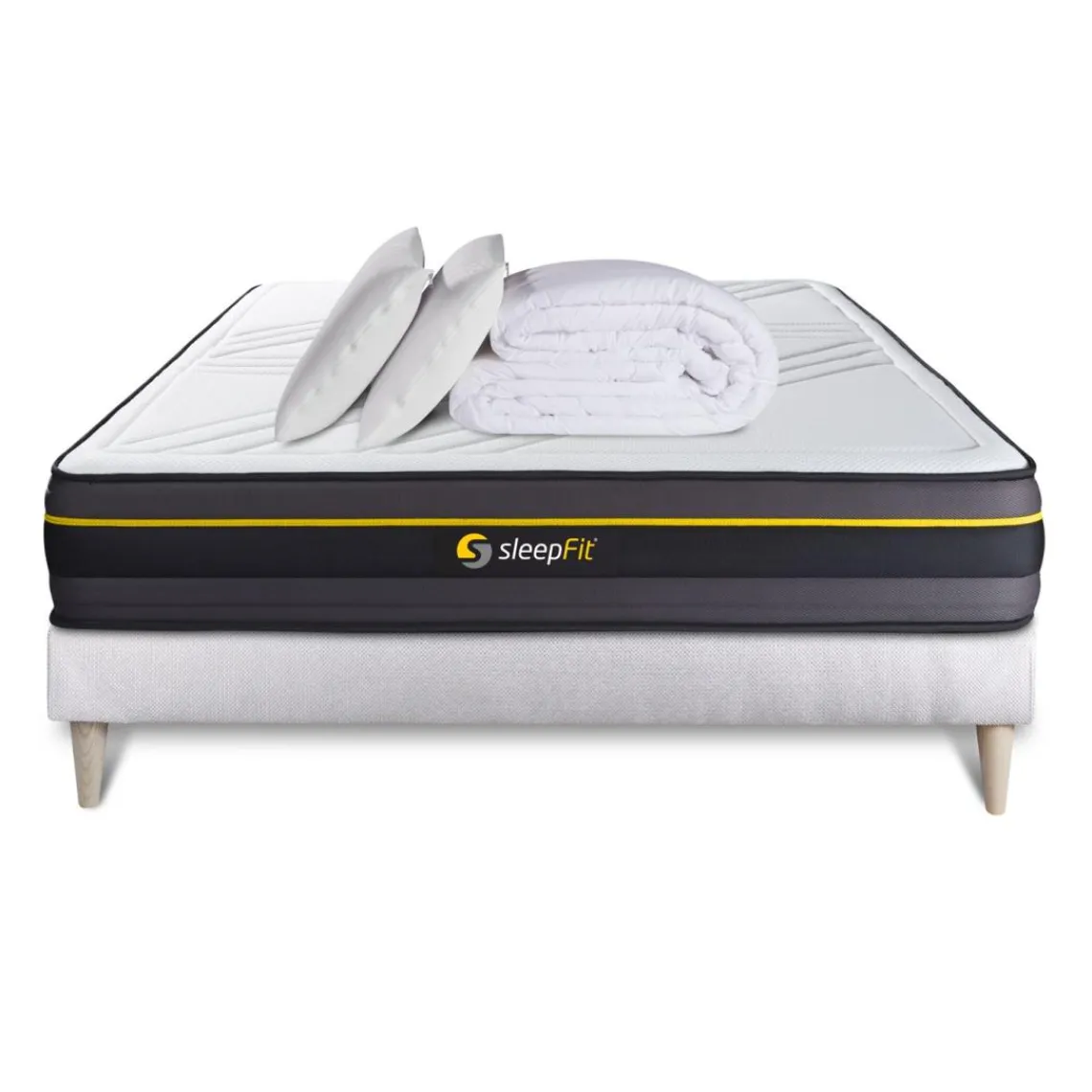 Sleepfit Pack prêt a dormir matelas ACTIVE sommier kit blanc 2 oreillers memoire de forme et Couette Percale Best