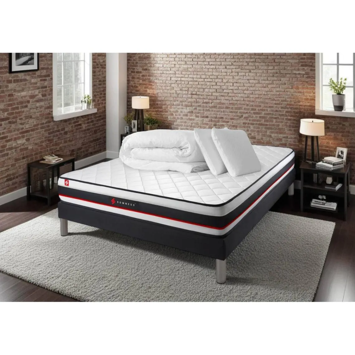 Somness Pack prêt a dormir matelas avec sommier kit noir et 2 oreillers memoire de forme Couette Percale Sale