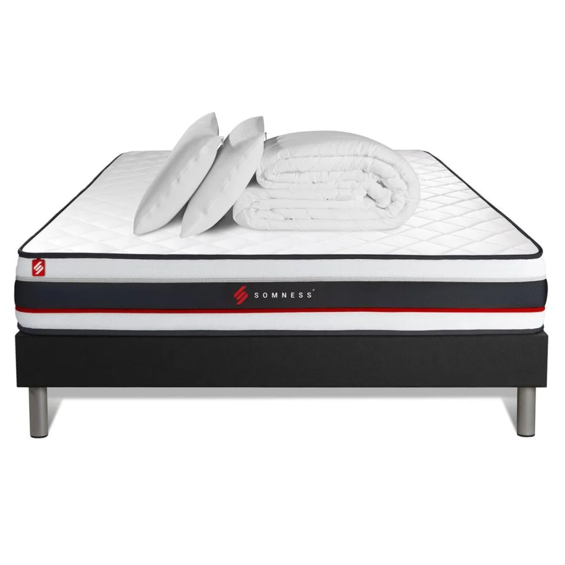 Somness Pack prêt a dormir matelas avec sommier kit noir et 2 oreillers memoire de forme Couette Percale Sale