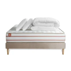 Marmottes & Co Pack prêt a dormir matelas LE DOUX Memoire de forme sommier kit Beige 2 oreillers couette New