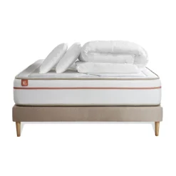 Marmottes & Co Pack prêt a dormir matelas LE PAISIBLE Memoire de forme BioVisco sommier kit Beige 2 oreillers couette Discount