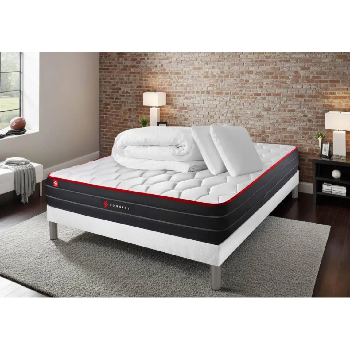 Somness Pack prêt a dormir matelas ressorts ensaches et memoire de forme sommier kit blanc Couette 2 oreillers Sale