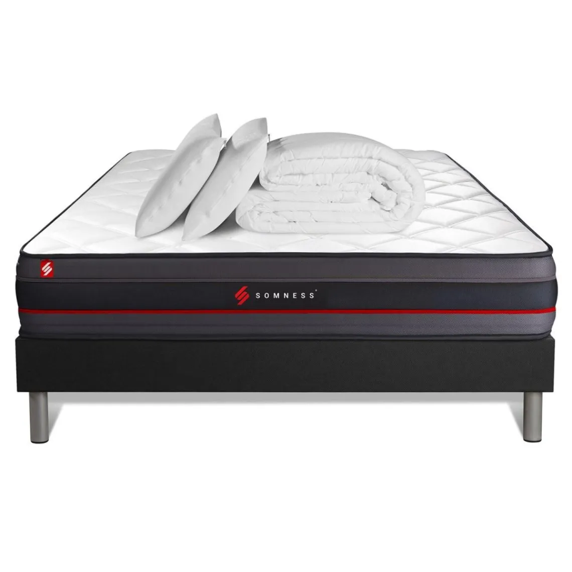 Somness Pack prêt a dormir matelas a memoire de forme sommier kit noir Couette 2 oreillers Sale