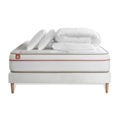 Marmottes & Co Pack prêt a dormir matelas LE PAISIBLE Memoire de forme BioVisco sommier Blanc 2 oreillers couette