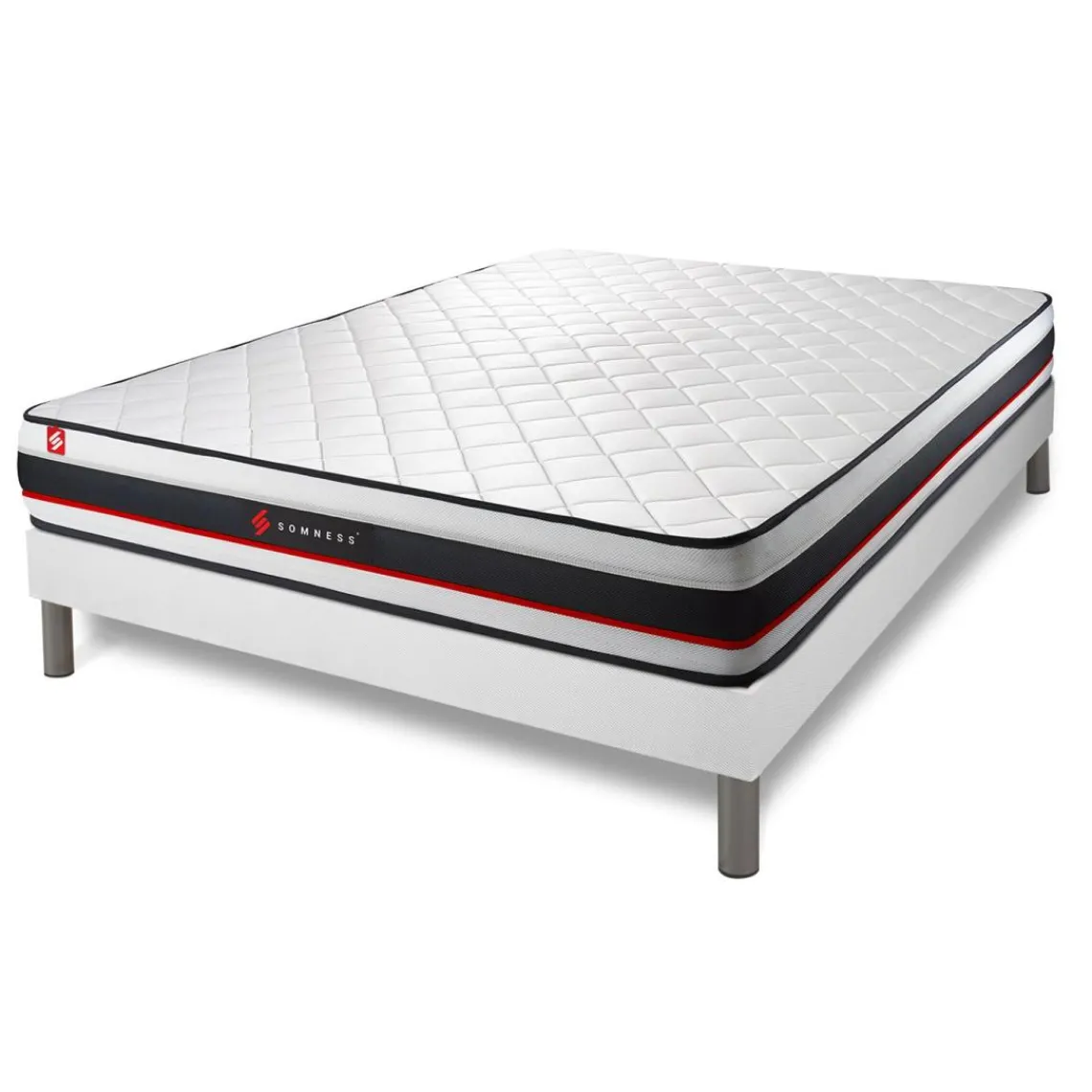 Somness Pack prêt a dormir matelas avec sommier kit blanc et 2 oreillers memoire de forme Couette Percale Best