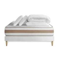 Marmottes & Co Pack prêt a dormir matelas LE TENDRE Ressorts ensaches Memoire de forme sommier Blanc, 2 oreillers couette New