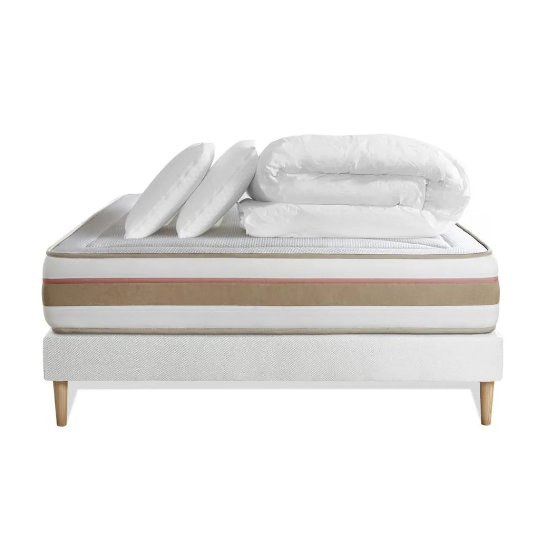 Marmottes & Co Pack prêt a dormir matelas LE TENDRE Ressorts ensaches Memoire de forme sommier Blanc, 2 oreillers couette New