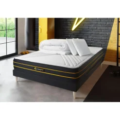 Sleepfit Pack prêt a dormir matelas ULTRA sommier kit noir 2 oreillers memoire de forme et Couette Percale Sale