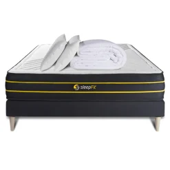 Sleepfit Pack prêt a dormir matelas ULTRA sommier kit noir 2 oreillers memoire de forme et Couette Percale Sale