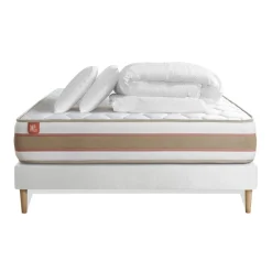 Marmottes & Co Pack prêt a dormir matelas LE DÉLICAT Ressorts ensaches et Memoire de forme sommier Blanc avec 2 oreillers couette Sale