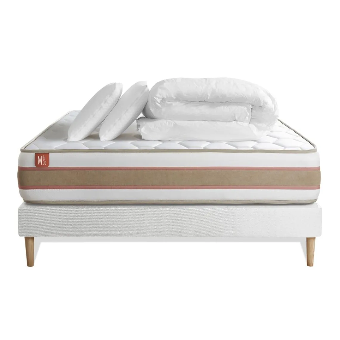 Marmottes & Co Pack prêt a dormir matelas LE DÉLICAT Ressorts ensaches et Memoire de forme sommier Blanc avec 2 oreillers couette Sale