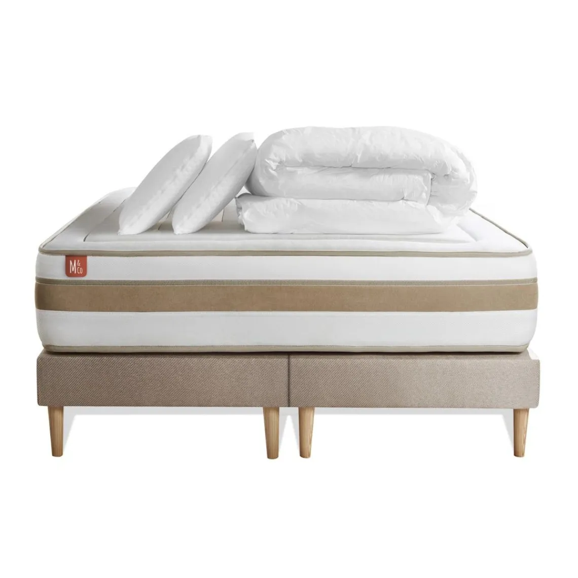 Marmottes & Co Pack prêt a dormir matelas LE RAFFINÉ Ressorts ensaches Memoire de forme BioVisco double sommiers Beige New