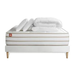 Marmottes & Co Pack prêt a dormir matelas LE DOUILLET Memoire de forme BioVisco sommier kit Blanc 2 oreillers couette Outlet