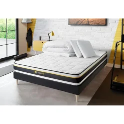 Sleepfit Pack prêt a dormir matelas SOFT sommier kit noir 2 oreillers memoire de forme Couette Percale Sale