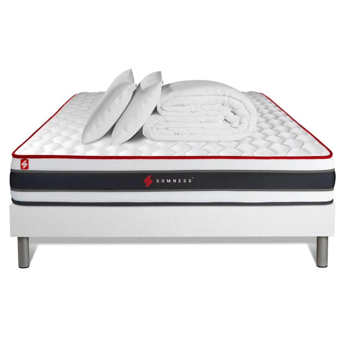Somness Pack prêt a dormir matelas ressorts ensaches et memoire de forme sommier kit blanc Couette 2 oreillers Clearance