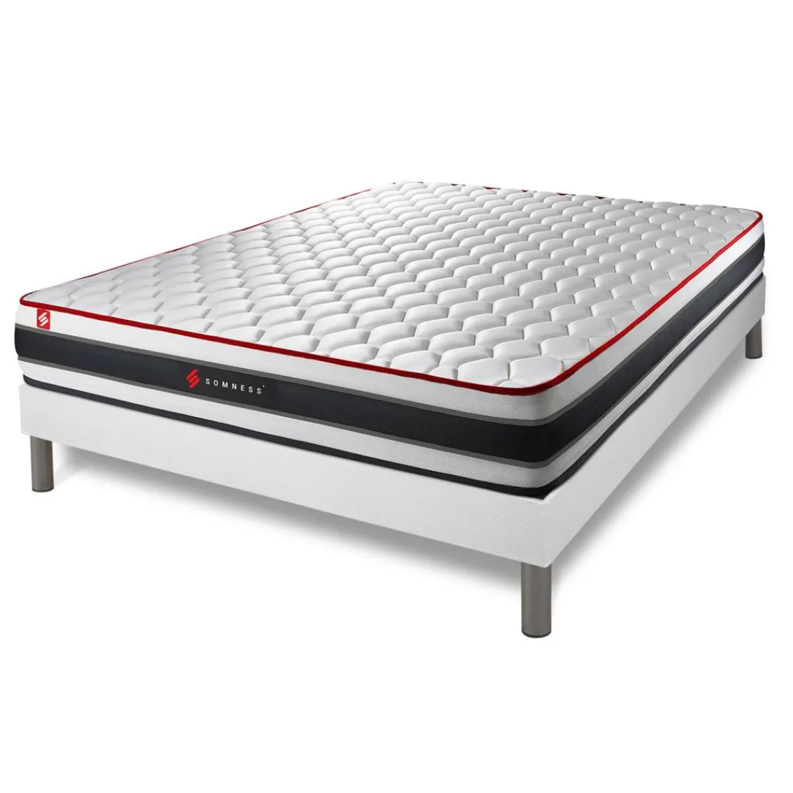 Somness Pack prêt a dormir matelas ressorts ensaches et memoire de forme sommier kit blanc Couette 2 oreillers Clearance