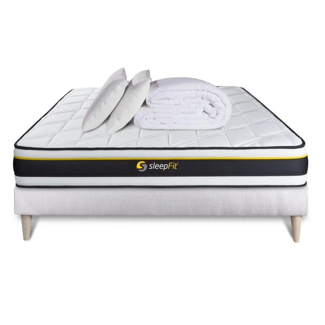 Sleepfit Pack sommier matelas SOFT 2 oreillers memoire de forme Couette Percale Blanc Outlet