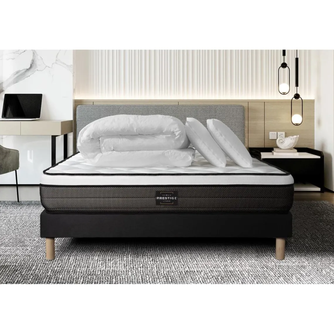 Prestige literie Pack Suite Ressorts ensaches, memoire de forme 5 zones sommier noir New