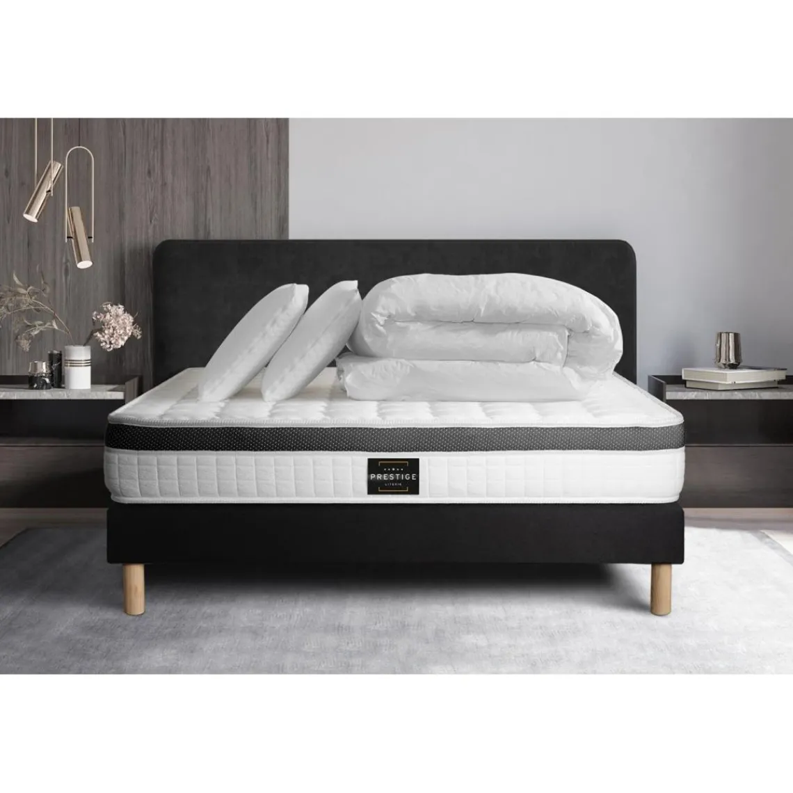 Prestige literie Pack Superieur Memoire de forme 3 zones sommier noir