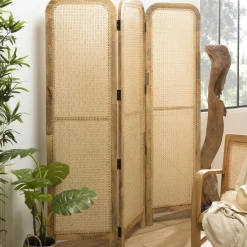 Macabane Paravent marron bois de manguier et cannage couleur naturelle ISA Hot
