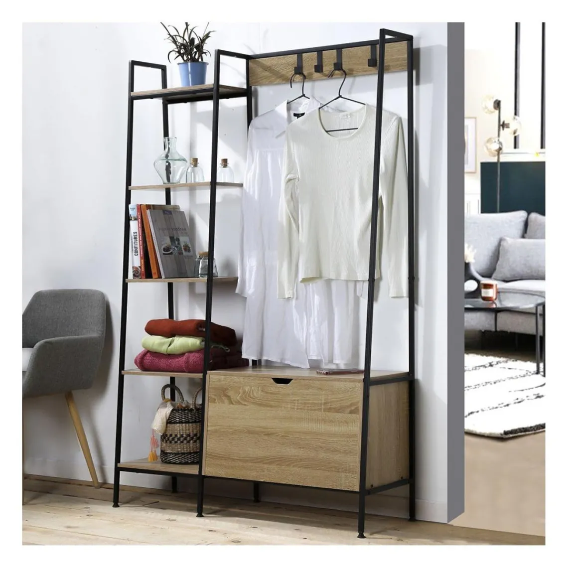 Calicosy Penderie 5 Étagères avec coffre à chaussures et patères en Bois Beige