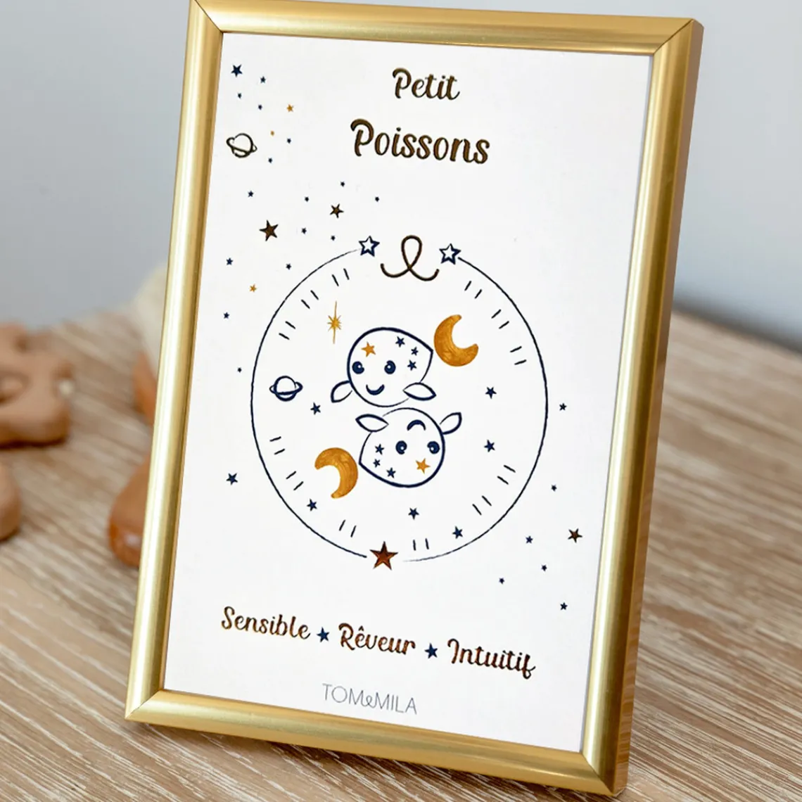 Tom & Mila Petite carte Astro avec enveloppe, blister et cadre doré Poisson New