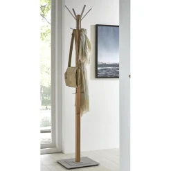3S. x Home Porte manteau en Bois massif Chêne avec crochets et pied en Métal couleur Alu Hot