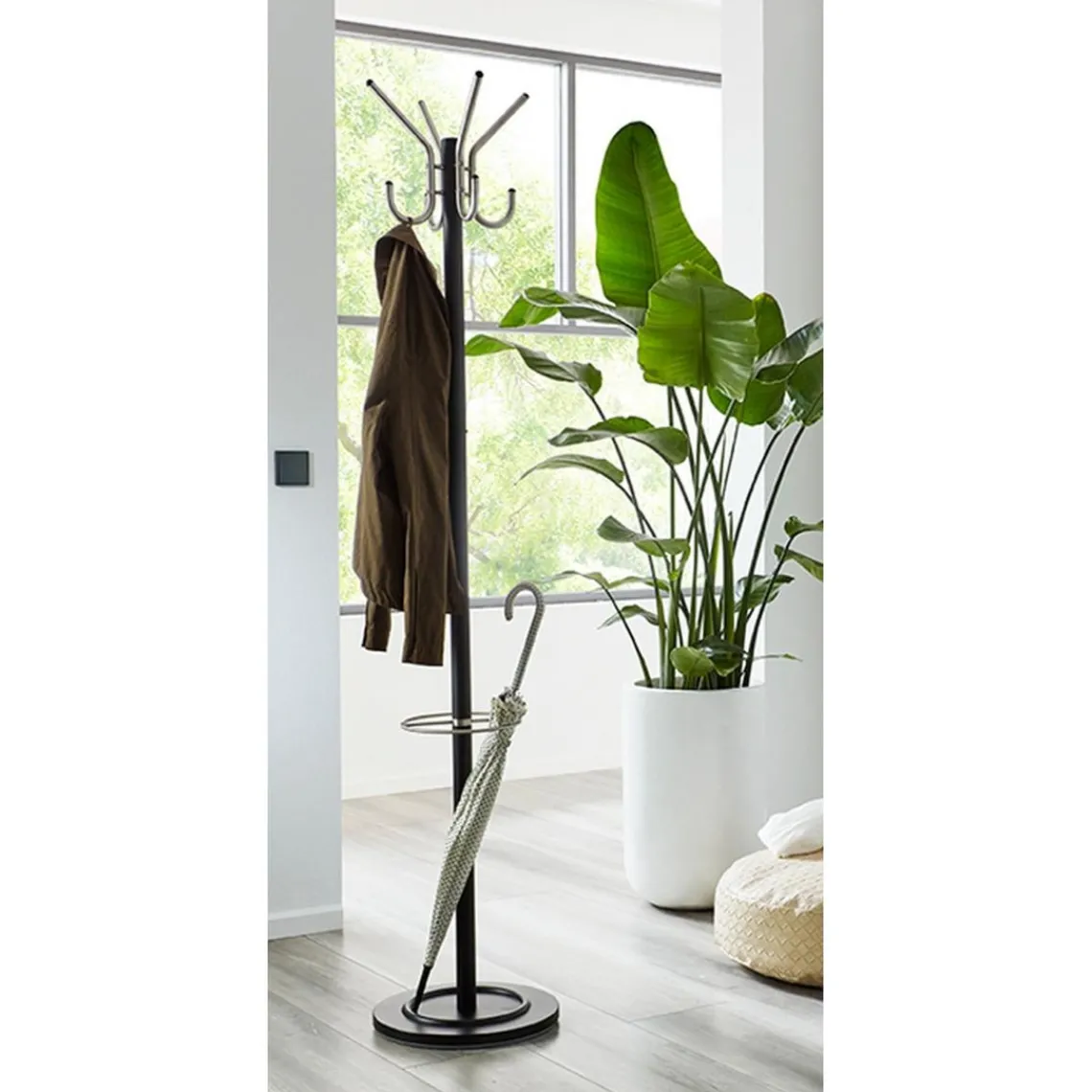 3S. x Home Porte manteau noir avec crochets et porte parapluie en laqué alu New