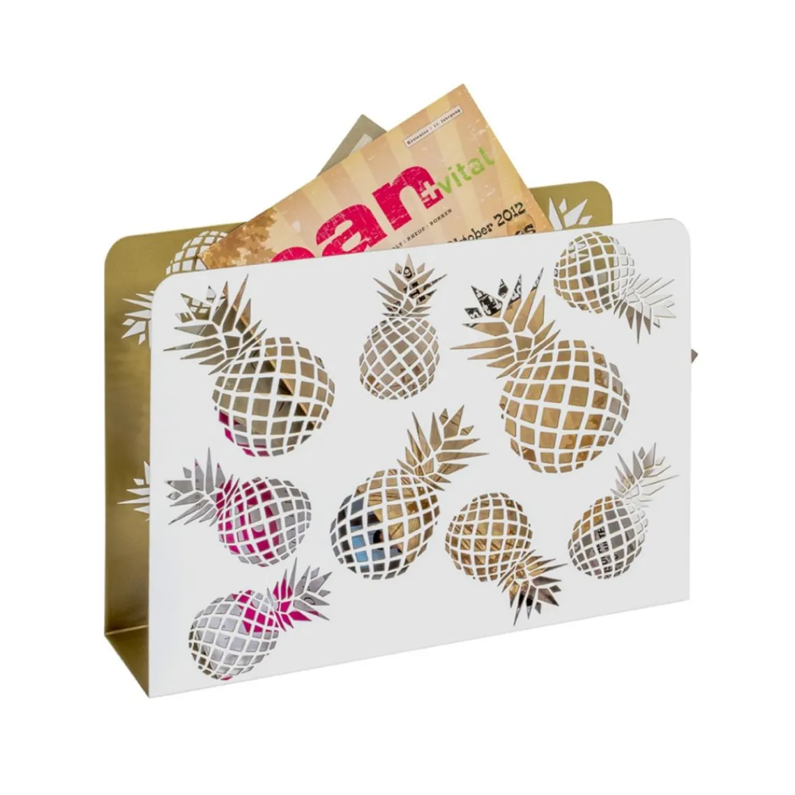3S. x Home Porte revues motif Ananas découpé en métal laqué blanc et or New