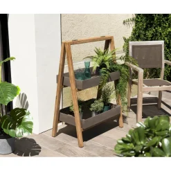 Macabane Porte-plantes, étagère en résine, effet Béton et Acacia - PM Sale