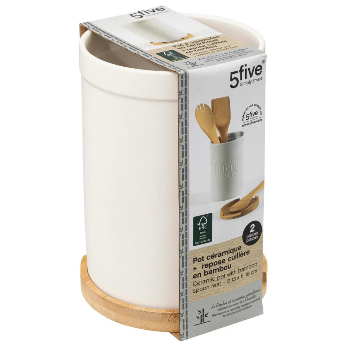 3S. x Home Pot à ustensiles couvercle bambou Blanc New