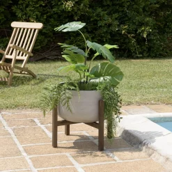 Macabane Pot de fleur rond en béton sur pieds en acacia marron HECTOR