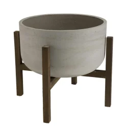 Macabane Pot de fleur rond en béton sur pieds en acacia marron HECTOR