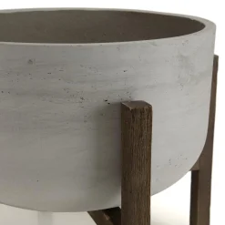 Macabane Pot de fleur rond en béton sur pieds en acacia marron HECTOR