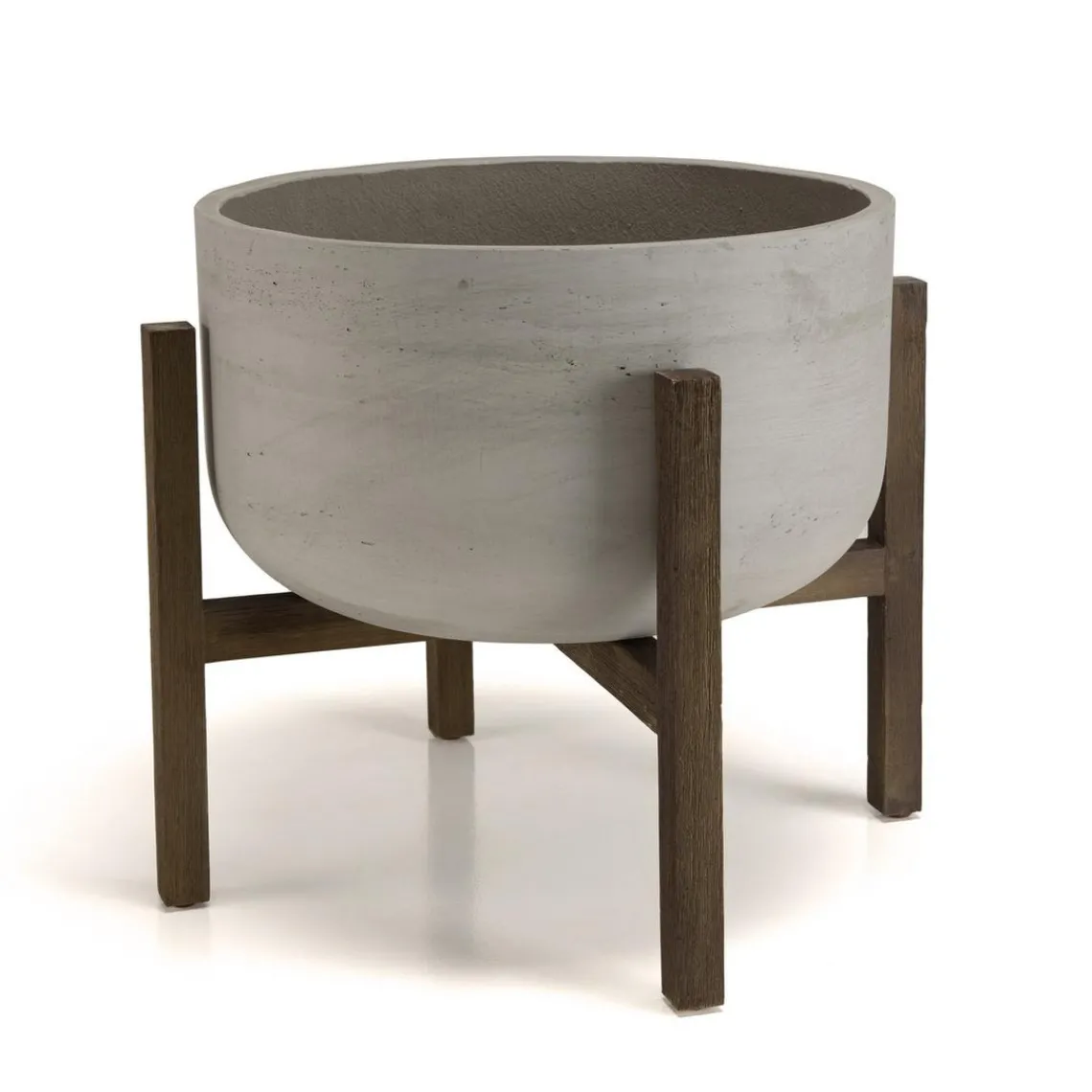 Macabane Pot de fleur rond en béton sur pieds en acacia marron HECTOR