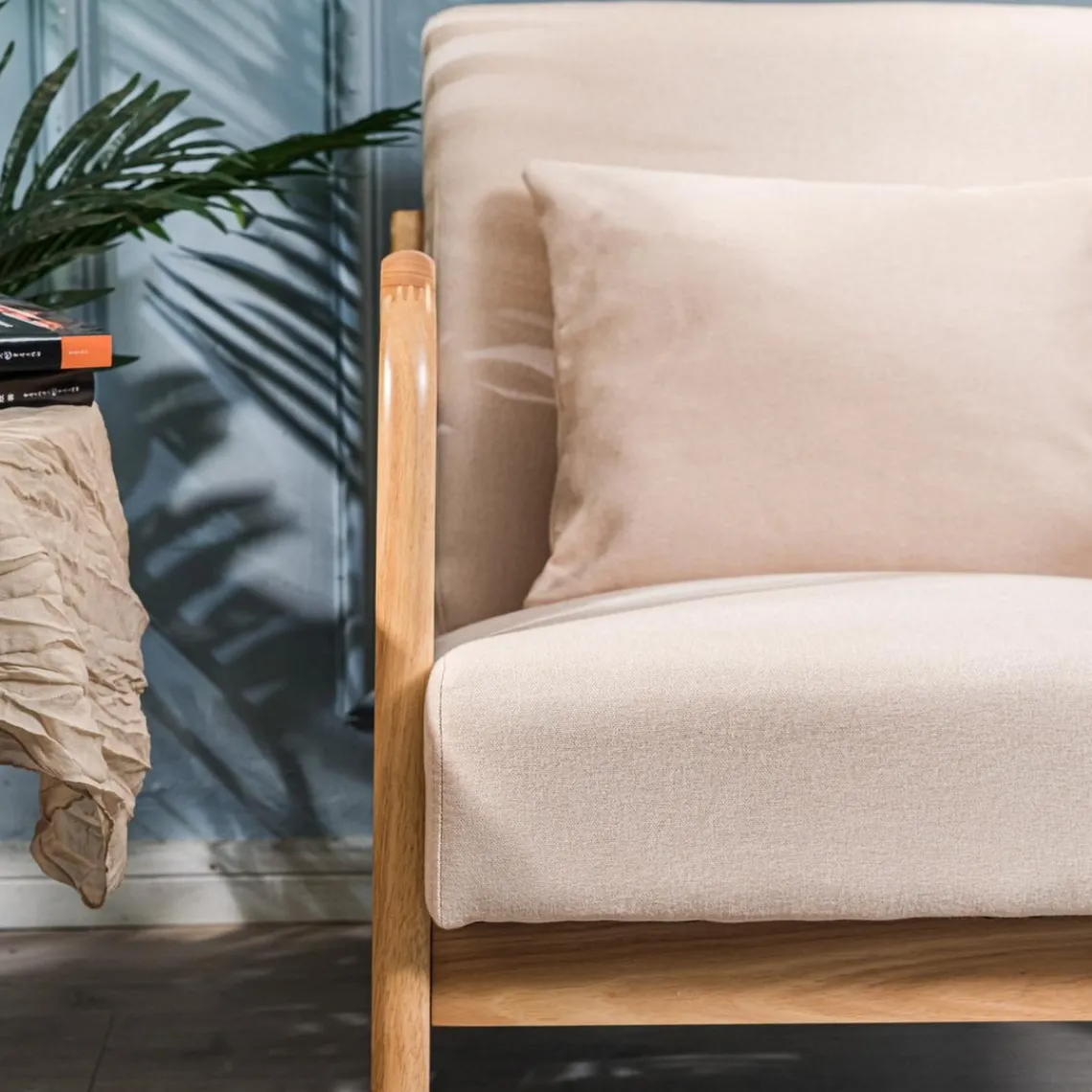 3S. x Home Rocking chair en bois massif et en tissu de couleur beige New