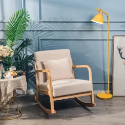 3S. x Home Rocking chair en bois massif et en tissu de couleur beige New