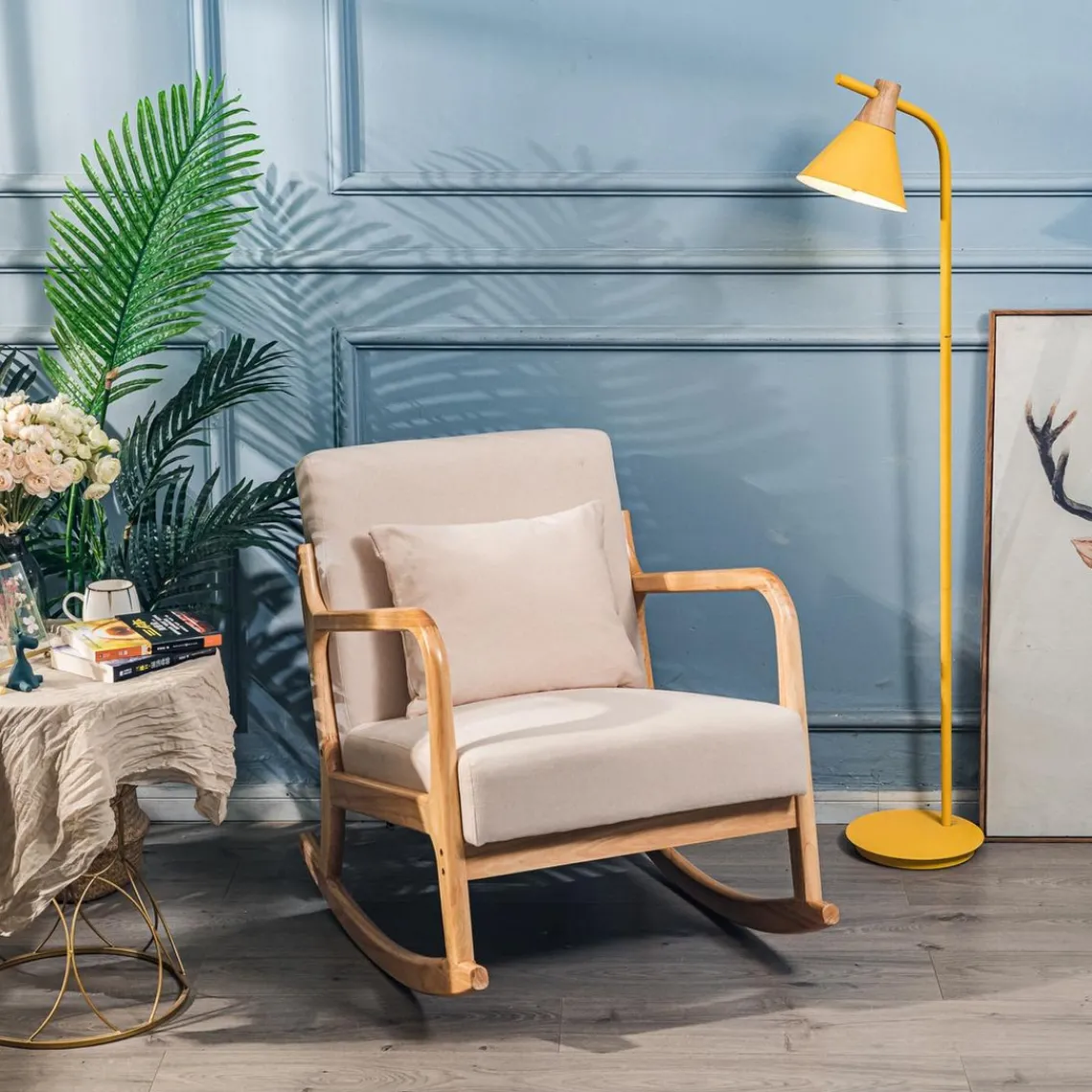 3S. x Home Rocking chair en bois massif et en tissu de couleur beige New