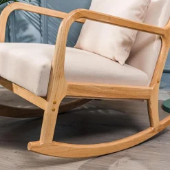 3S. x Home Rocking chair en bois massif et en tissu de couleur beige New